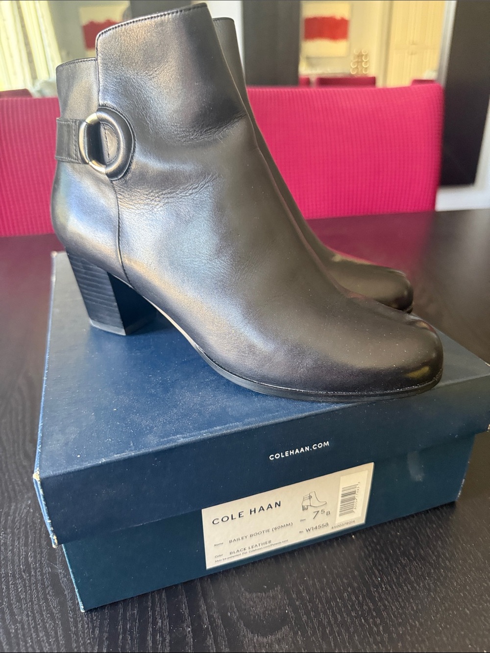 Cole Haan Black Leather Ankle Booties with Ring Accent